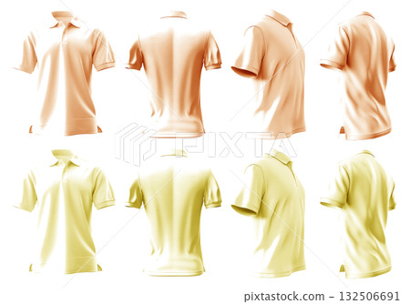 2 Set of pastel light orange yellow front, back and side view collar polo tee shirt on transparent background cutout, PNG file. Mockup template for artwork graphic design 132506691