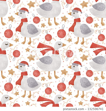 A festive pattern featuring cartoon geese wearing red scarves and hatson white 132506741