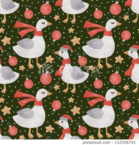 A festive pattern with cartoon geese wearing red scarves and hats. Cheerful holiday theme A festive pattern with cartoon geese wearing red scarves and hats. Cheerful holiday theme 132506742