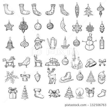 Christmas set icons doodle hand drawn, clipart eve xmas. Christmas set icons doodle hand drawn, clipart eve xmas. 132506763