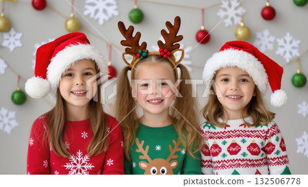 Christmas portrait of three happy girls in festive sweaters and Santa hats smiling on background with baubles and snowflakes. Holiday childhood joy. Christmas portrait of three happy girls in festive sweaters and Santa hats smiling on background with baubles and snowflakes. Holiday childhood joy. 132506778