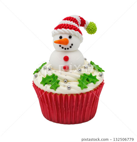 Christmas cupcake with snowman topper, holly leaves, and silver pearls. Festive dessert isolated on white background. Cute holiday bakery item. Christmas cupcake with snowman topper, holly leaves, and silver pearls. Festive dessert isolated on white background. Cute holiday bakery item. 132506779