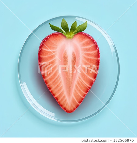A vibrant halved strawberry with green leaves rests on a translucent blue plate against a solid light blue background 132506970