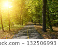 Sunrise-lit urban park with multiuse asphalt bike and pedestrian path, yellow center line, tree canopy and benches, golden light; horizontal landscape, non-isolated, ideal for walking and cycling 132506993