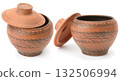 Handcrafted Terracotta Clay Pots With Decorative Patterns on White Background Horizontal 132506994