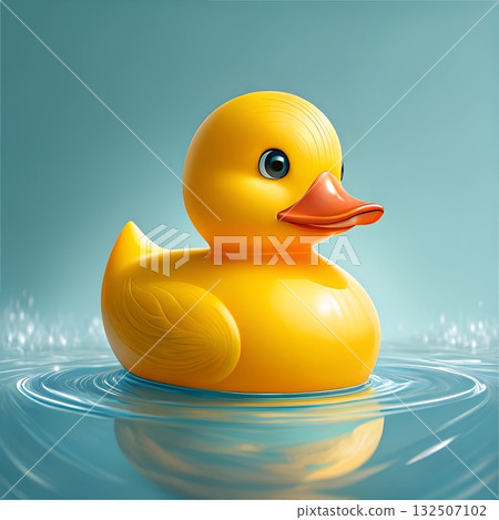 Bright yellow rubber duck floating serenely on clear blue water with gentle ripples Bright yellow rubber duck floating serenely on clear blue water with gentle ripples 132507102
