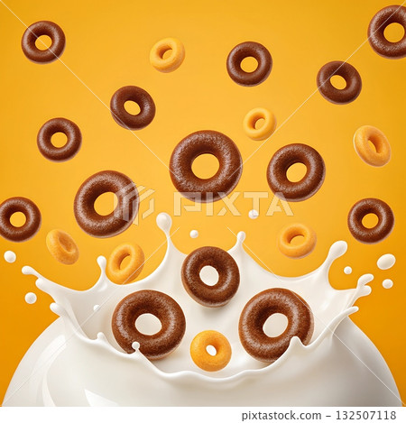 Chocolate and plain cereal rings splashing into white milk creating a dynamic cascade on a yellow background 132507118