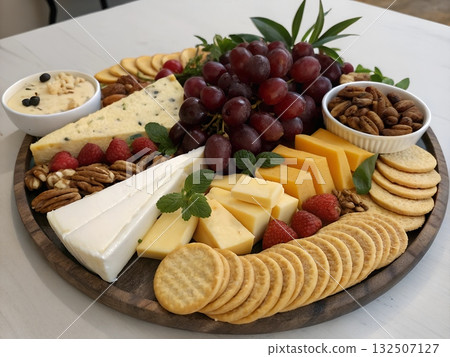 Assortment of cheeses grapes crackers nuts and berries on a wooden board Assortment of cheeses grapes crackers nuts and berries on a wooden board 132507127