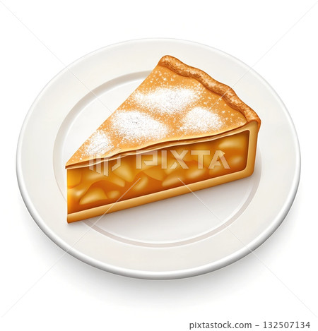 Slice of delicious apple pie dusted with powdered sugar on a white plate 132507134