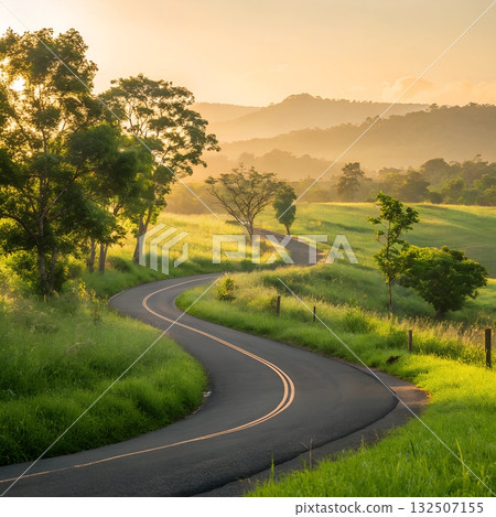 Winding asphalt road through lush green fields at sunrise with distant misty mountains Winding asphalt road through lush green fields at sunrise with distant misty mountains 132507155