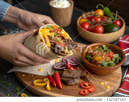 Hands holding a loaded beef and cheese wrap with fresh vegetables and sides Hands holding a loaded beef and cheese wrap with fresh vegetables and sides 132507187
