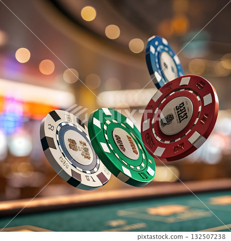 Vibrant casino chips in various colors suspended in mid air against a blurred casino interior 132507238