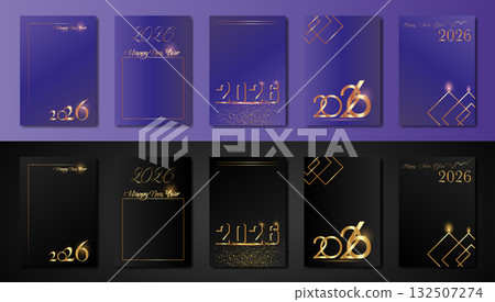 set cards 2026 Happy New Year gold texture, golden luxury black or blue background, elements for calendar and greetings card or Christmas themed winter holiday invitations with geometric decorations set cards 2026 Happy New Year gold texture, golden luxury black or blue background, elements for calendar and greetings card or Christmas themed winter holiday invitations with geometric decorations 132507274
