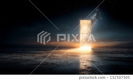 Doorway opening to a digital universe inviting exploration and wonder in a vast cosmic landscape Doorway opening to a digital universe inviting exploration and wonder in a vast cosmic landscape 132507305