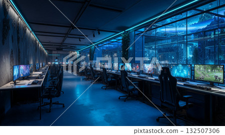 Futuristic eSports arena featuring holographic displays and advanced gaming setups at night 132507306