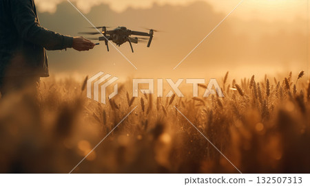 Controlling a drone above golden wheat fields during sunrise in a rural landscape Controlling a drone above golden wheat fields during sunrise in a rural landscape 132507313