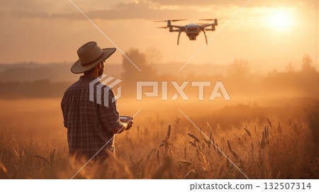 Controlling a drone over vast golden wheat fields at sunset for agricultural monitoring and crop management 132507314