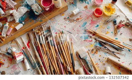 Creative art workshop filled with brushes, paints, and colorful sketches scattered across the workspace 132507342