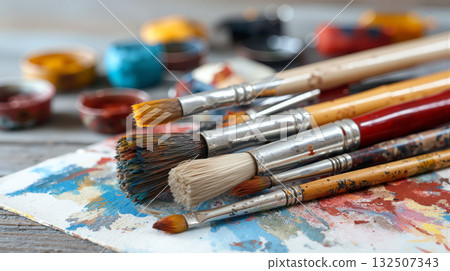 Creative workshop featuring brushes, paints, and colorful sketches in a bright, inspiring space for artists of all levels 132507343