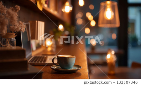 Warm coffee shop ambiance with laptop, books, and cozy lighting for work or study 132507346
