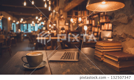 Cozy coffee shop scene with warm lighting, laptop, and books creating a perfect workspace atmosphere 132507347