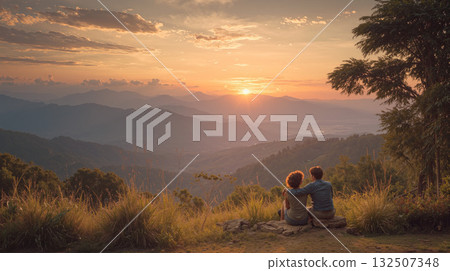 Couple watches sunset from mountain viewpoint, enjoying serene nature and beautiful scenery together 132507348