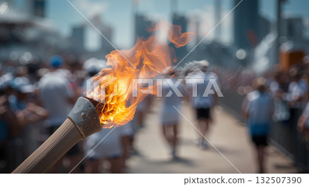 Olympic torch flame burns brightly during a celebration in a bustling urban setting 132507390