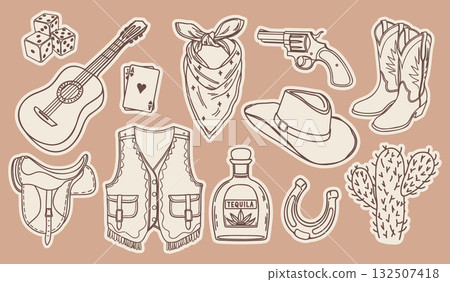Hand drawn wild west cowboy stickers set. Retro elements collection. Outline illustration. 132507418