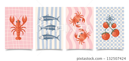 Set of Italian cuisine posters. Seafood, crab, lobster, sardines. Mediterranean set. Seafood menu cards. 132507424