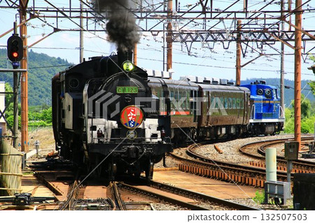 Towards Nikko in the fresh greenery of early summer... The SL Daiki Futara races up an incline and arrives at Tobu Nikko Station 132507503