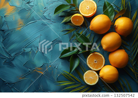 Sukkot testing symbols etrog, palm leaves, world on a blue background with copy space 132507542