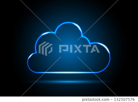Neon digital cloud icon on a black and blue background. Visualization of data transmission over a network. 132507576