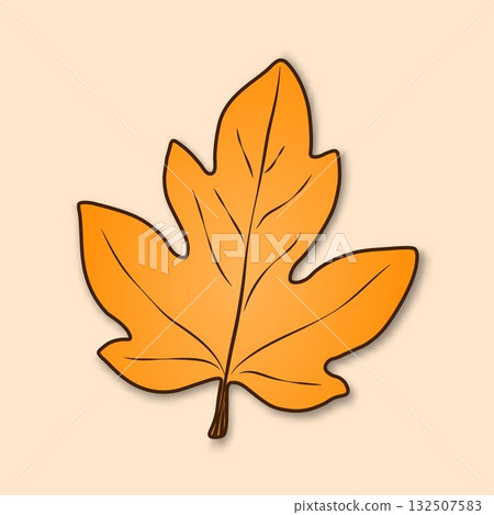 A yellow, fallen autumn leaf with streaks highlighted on a beige background. An isolated autumn leaf. 132507583