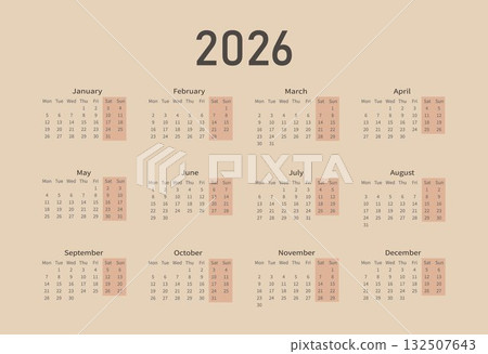 Minimalistic calendar for 2026 in retro style on beige background. Minimalistic calendar for 2026 in retro style on beige background. 132507643