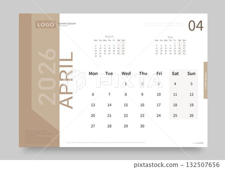 The calendar for April 2026 is white and beige. The layout of the calendar for April 2026 with the date of the beginning of the week on Monday. 132507656