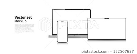A set of laptop, phone, and tablet layouts with blank screens on a white background. 132507657