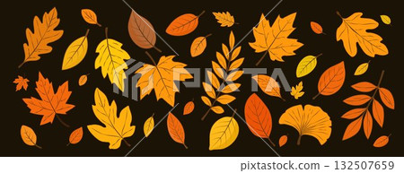 Autumn golden, red and orange leaves highlighted on a brown background. Autumn golden, red and orange leaves highlighted on a brown background. 132507659