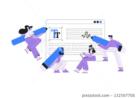 Man and Woman Work with Text Editing and Writing Article on Laptop Vector Illustration 132507708