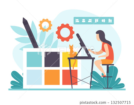 Woman Character Designer Working Process Busy at Workplace Vector Illustration 132507715