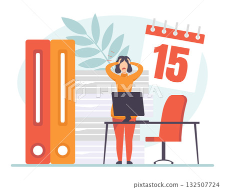 Woman Character Working Process Busy at Workplace Feel Stress Vector Illustration 132507724