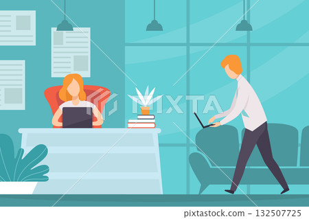 Man and Woman Character Working Process Busy at Workplace Vector Illustration 132507725