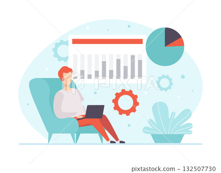 Man Character Working Process Busy at Workplace Vector Illustration 132507730