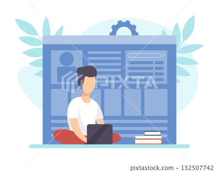 Man Character Working Process Busy at Workplace Vector Illustration 132507742