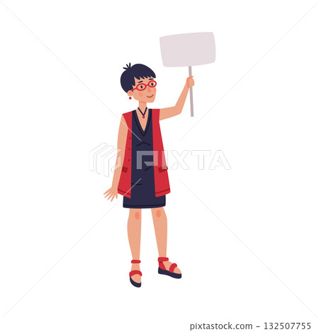 Woman Character with Empty Placard and Banner Vector Illustration 132507755