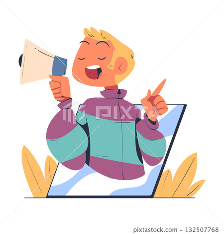 Man with Megaphone Look Out from Tablet Screen Vector Illustration Man with Megaphone Look Out from Tablet Screen Vector Illustration 132507768