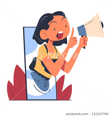 Woman with Megaphone Look Out from Smartphone Screen Vector Illustration Woman with Megaphone Look Out from Smartphone Screen Vector Illustration 132507769