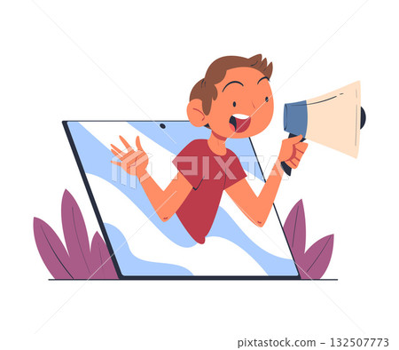 Man with Megaphone Look Out from Tablet Screen Vector Illustration 132507773