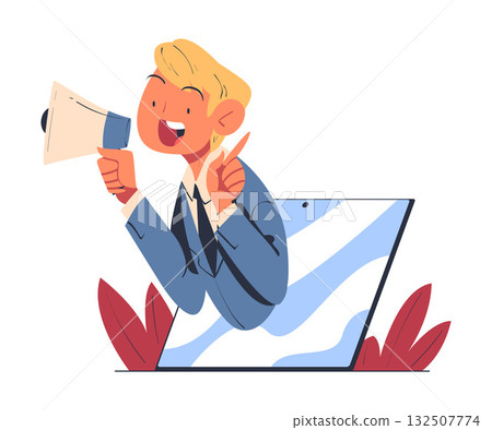 Man with Megaphone Look Out from Tablet Screen Vector Illustration 132507774