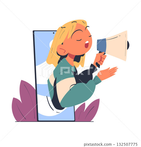 Woman with Megaphone Look Out from Smartphone Screen Vector Illustration 132507775