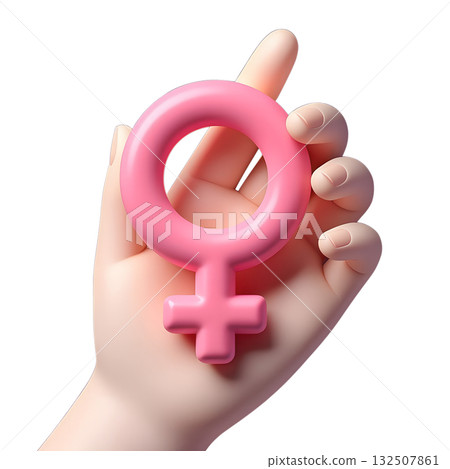 3d hand gently holding and empowering the pink female gender symbol, isolated on transparent background for women's rights and equality concepts 132507861